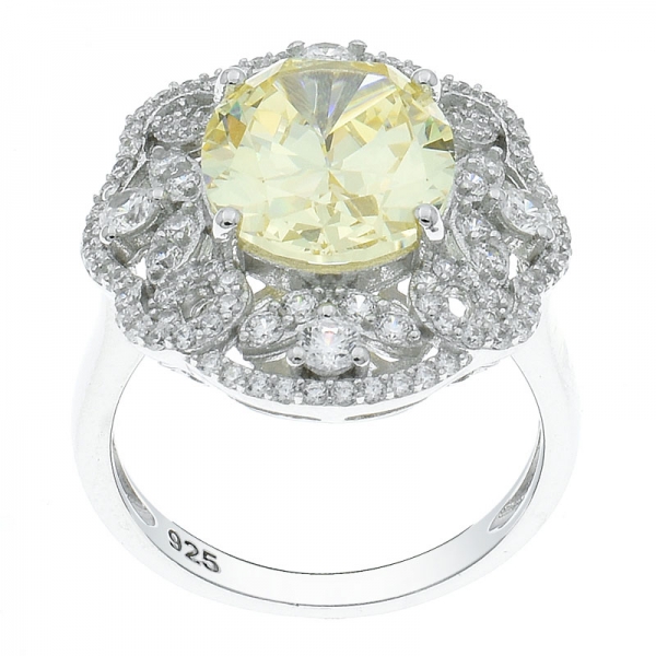 Fancy Handcrafted 925 Silver Filigree Ring With Diamond Yellow CZ 