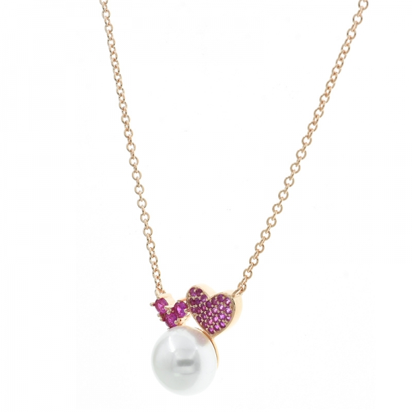 925 Sterling Silver Heart Necklace With fresh Pearl & Red Corundum 