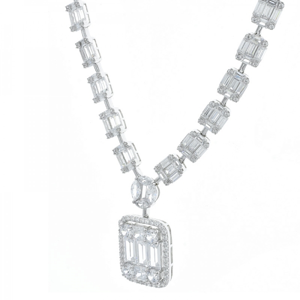 925 Sterling Silver Baguette Cluster Link Necklace For Ladies 