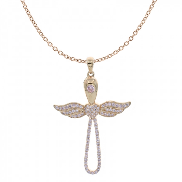 925 Sterling Silver Rose Gold Plated Wing Cross Angel Pendant 