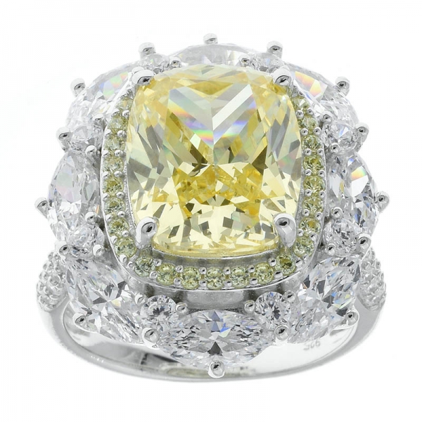 925 Sterling Silver Four Prong Set Diamond Yellow CZ Floral Ring 