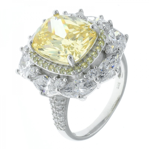 925 Sterling Silver Four Prong Set Diamond Yellow CZ Floral Ring 