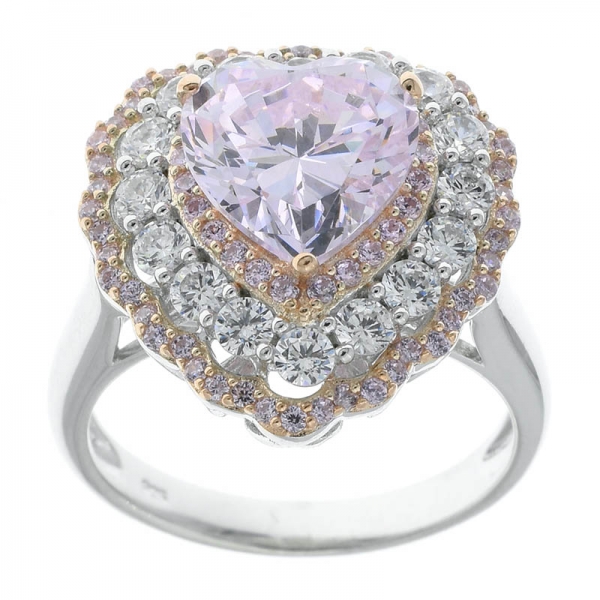 925 Sterling Silver Heart Shape Diamond Pink CZ Jewelry Ring 
