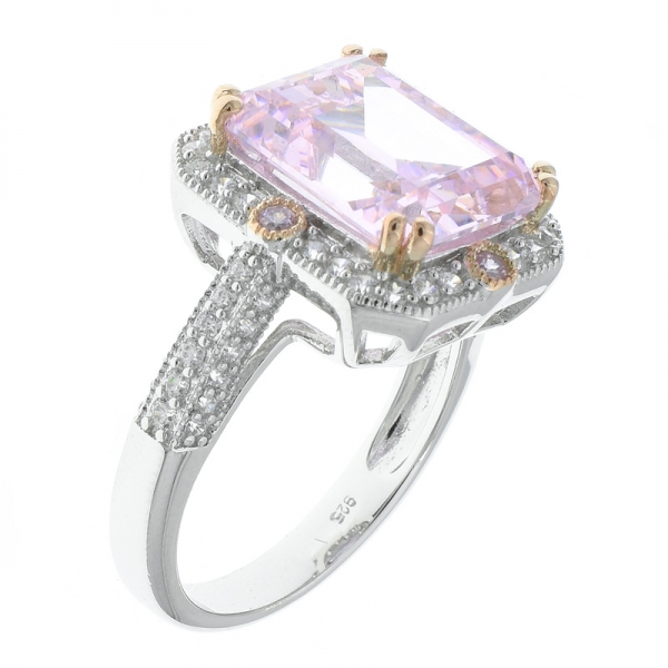 Fancy Jewelry 925 Sterling Silver Emerald Cut Diamond Pink CZ Ring 