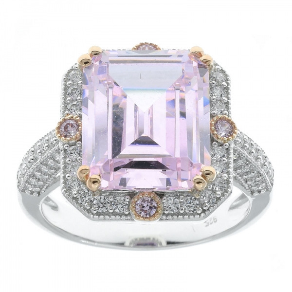 Fancy Jewelry 925 Sterling Silver Emerald Cut Diamond Pink CZ Ring 