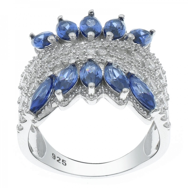 925 Sterling Silver Rhodium Plated Filigree Ring With Tanzanite CZ 