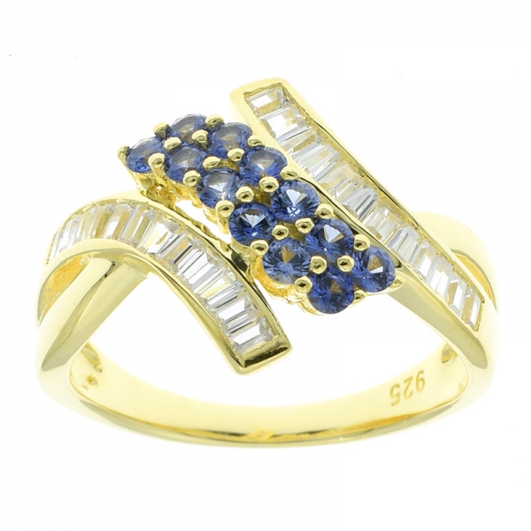 925 Sterling Silver Gold Plated Bypass Baguette Jewelry Ring 