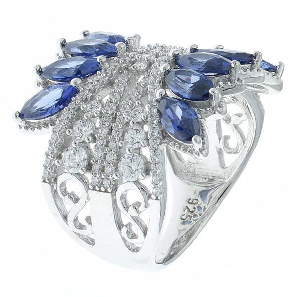 925 Sterling Silver Rhodium Plated Filigree Ring With Tanzanite CZ 