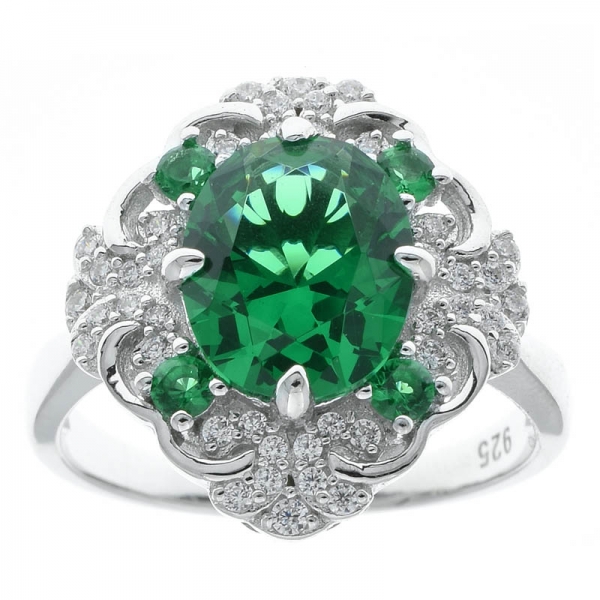 925 Sterling Silver Four Prong Set Filigree Green Nano Ring 