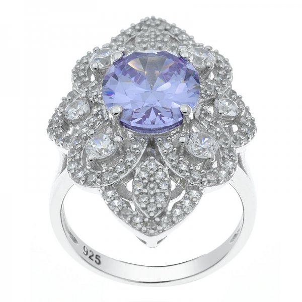 925 Sterling Silver Rhodium Plated Filigree Ring With Lavender CZ 