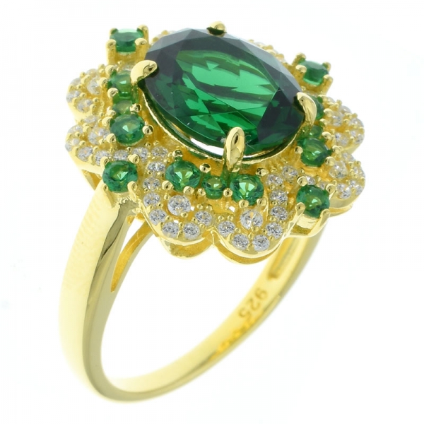 925 Sterling Silver Gold Plated Flower Ring Jewelry With Green Nano 