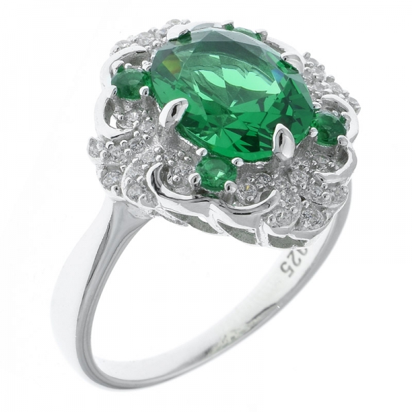 925 Sterling Silver Four Prong Set Filigree Green Nano Ring 