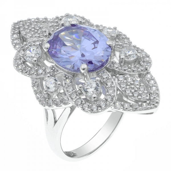 925 Sterling Silver Rhodium Plated Filigree Ring With Lavender CZ 
