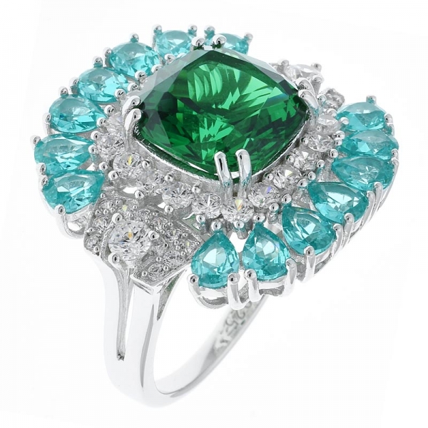 925 Silver Eight Prong Set Ring With Green Nano & Paraiba YAG 