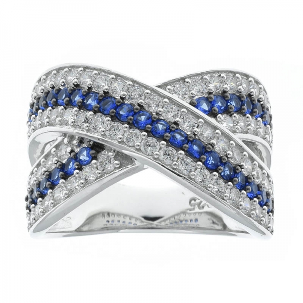 925 Sterling Silver Criss Cross Jewelry Ring With Blue Nano 