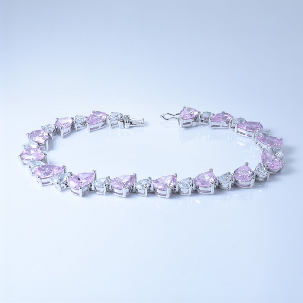 925 Sterling Silver Alternating Pear Shape Bracelet With Diamond Pink CZ 