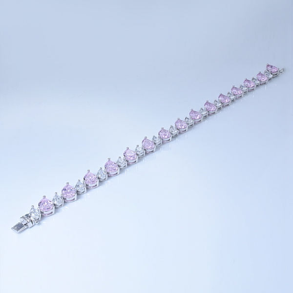 925 Sterling Silver Alternating Pear Shape Bracelet With Diamond Pink CZ 