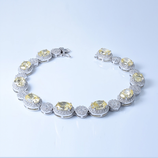 925 Sterling Silver Alternating Oval Shape Bracelet With Diamond Yellow CZ 