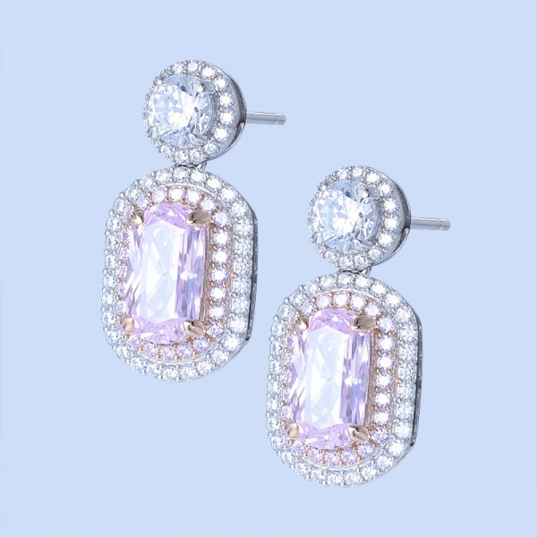 925 Sterling Silver Drop Halo Diamond Pink CZ Jewelry Earrings 