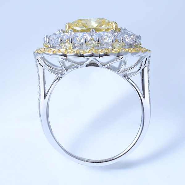 925 Sterling Silver Double Halo Flower Ring With Diamond Yellow CZ 