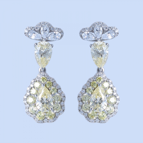 925 Sterling Silver Fancy Pear Shape Drop Earrings With Diamond Yellow CZ 