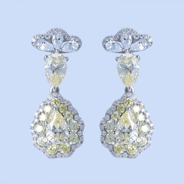 925 Sterling Silver Fancy Pear Shape Drop Earrings With Diamond Yellow CZ 