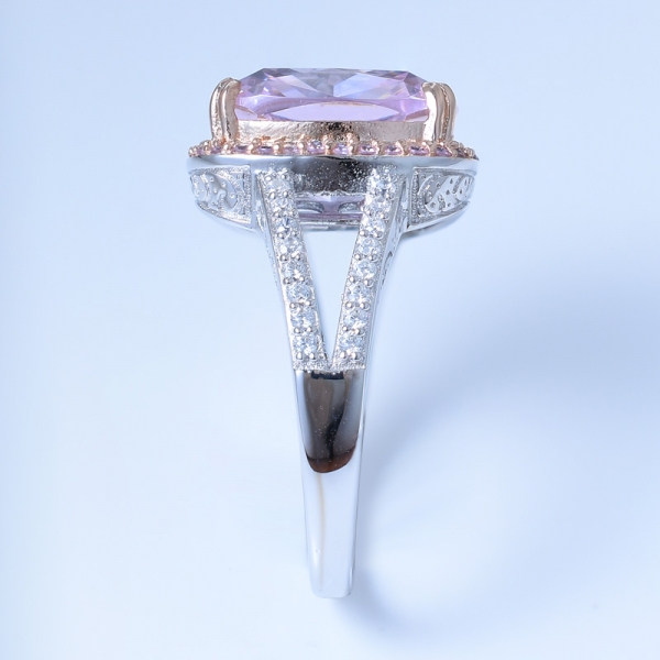 925 Sterling Silver Halo Diamond Pink CZ Ring With Split Shank 