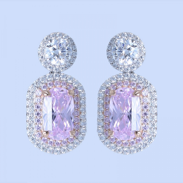 925 Sterling Silver Drop Halo Diamond Pink CZ Jewelry Earrings 