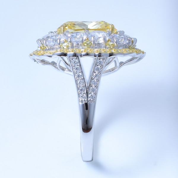 925 Sterling Silver Double Halo Flower Ring With Diamond Yellow CZ 