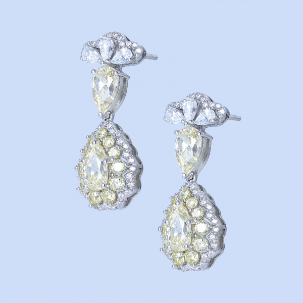 925 Sterling Silver Fancy Pear Shape Drop Earrings With Diamond Yellow CZ 
