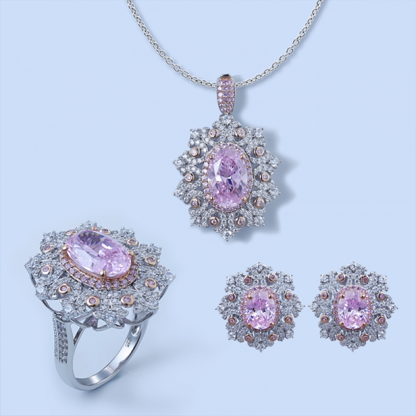 925 Sterling Silver Snow Flake Diamond Pink Jewelry Set 