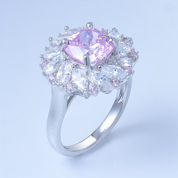 925 Sterling Silver Fancy Diamond Pink Flower Jewelry Ring 