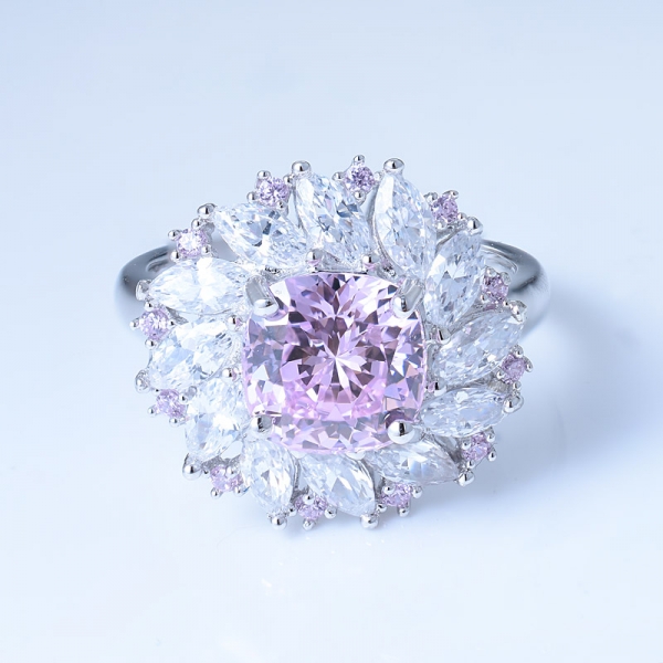 925 Sterling Silver Fancy Diamond Pink Flower Jewelry Ring 