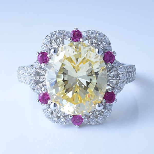 Brilliant Diamond Color Yellow CZ With Red Corundum Embellished 925 Sterling Silver Ring 