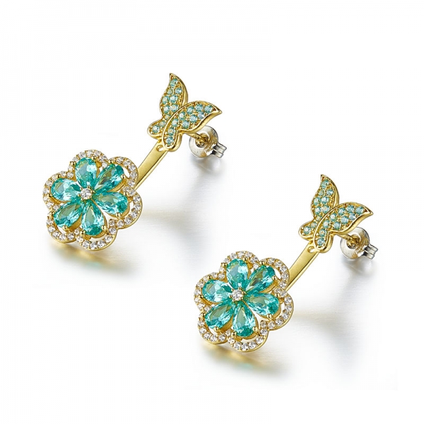 Paraiba YAG 18K yellow gold over sterling silver flower shape stud hoop earrings 