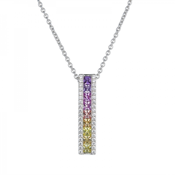 925 Sterling Silver Square Shape rainbow color Drop Bar Pendant 