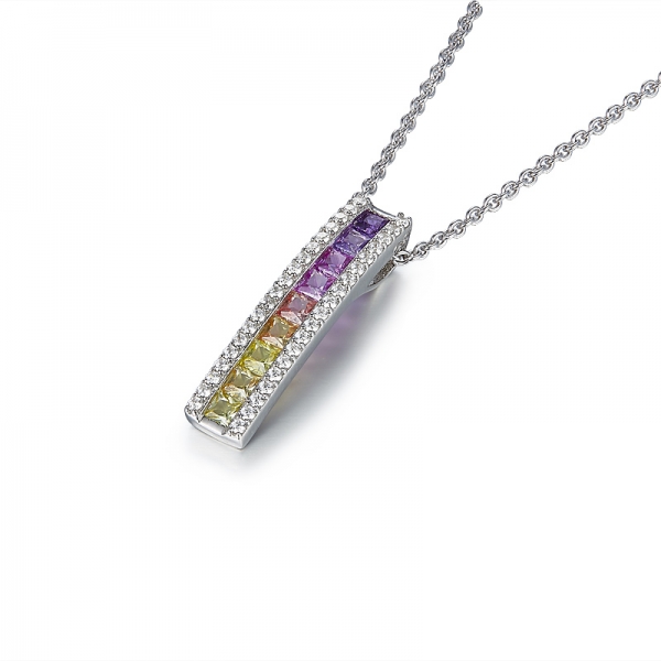 925 Sterling Silver Square Shape rainbow color Drop Bar Pendant 