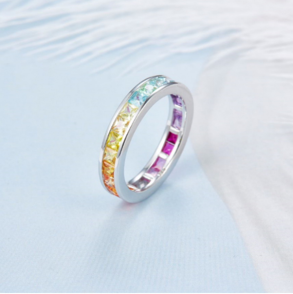 925 Sterling Silver Eternity Square Shape rainbow Ring Jewelry 