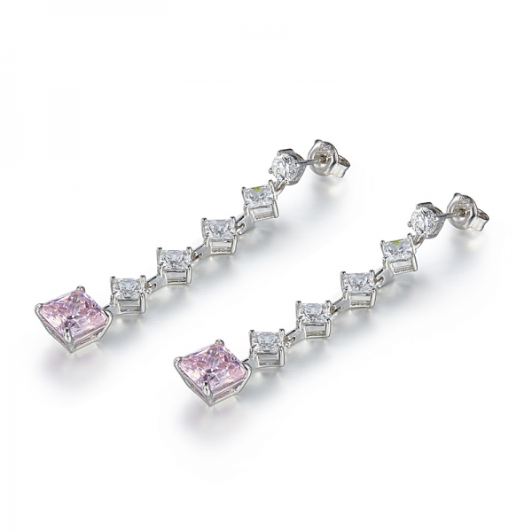 Wholesale 925 Sterling princess cut light pink diamond dropped earring for women 