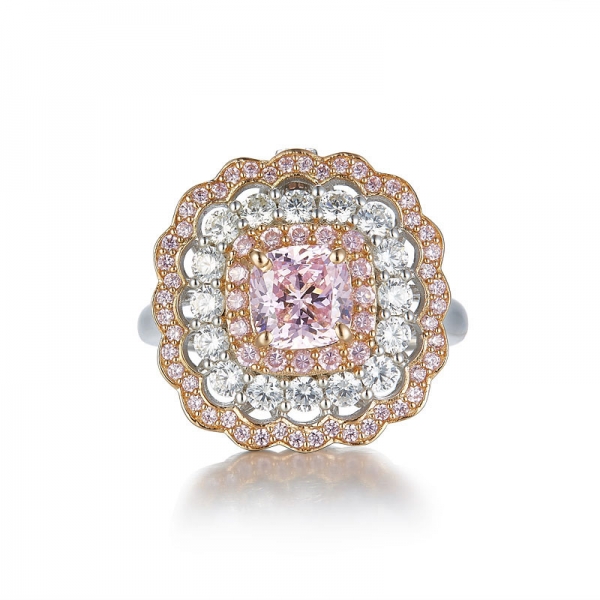 925 Sterling Silver Diamond Pink CZ Lace Flower Ring 