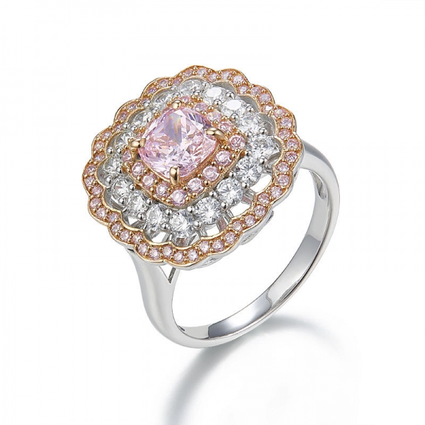 925 Sterling Silver Diamond Pink CZ Lace Flower Ring 