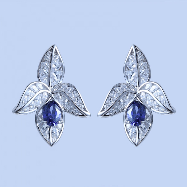 925 Sterling Silver Four-Leaf Combination Shape Earrings With Tanzanite CZ 
