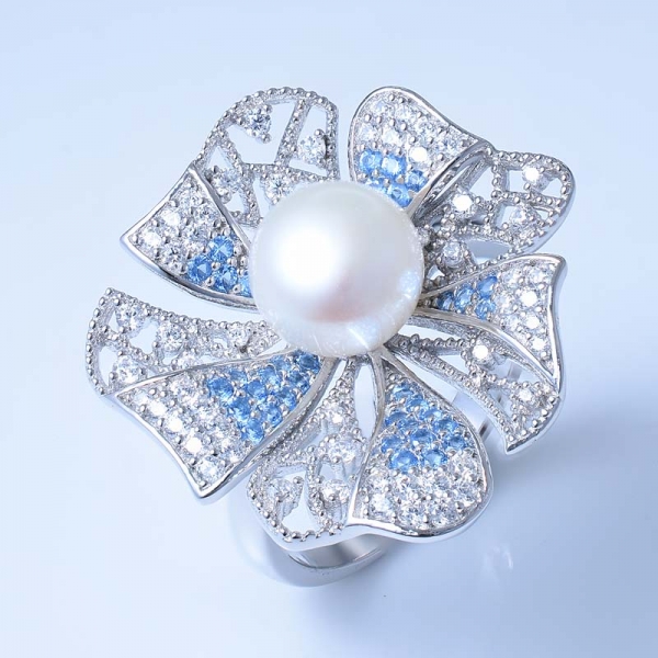 925 Sterling Silver White Pearl Ring With Nano/CZ 