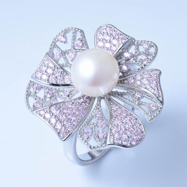 925 Sterling Silver White Pearl Ring With Nano/CZ 