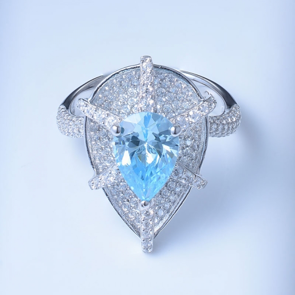 925 Sterling Silver Pear Ring With Aqua CZ 