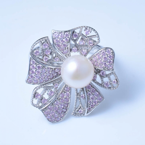 925 Sterling Silver White Pearl Ring With Nano/CZ 