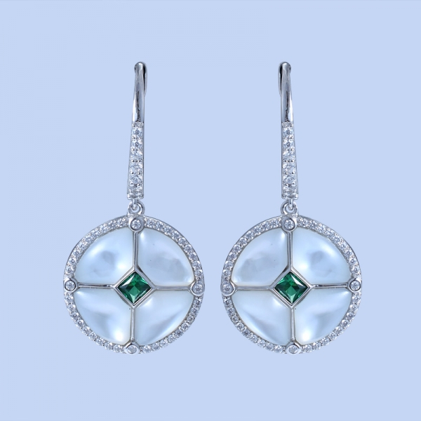 Green Emerald White Gold Over Charm and Hoop Earrings 