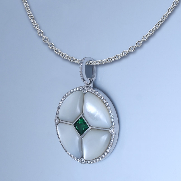 Caladium Green Emerald rhodium over silver pearl pendant 