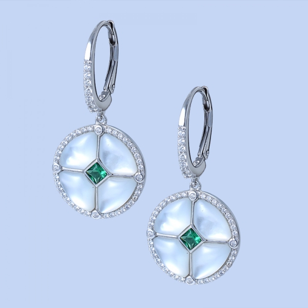 Green Emerald White Gold Over Charm and Hoop Earrings 