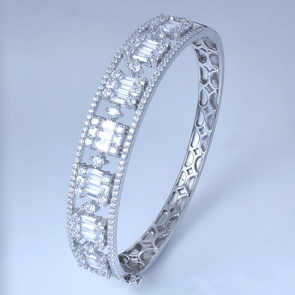 Baguette Cut White Diamond CZ 18K White Gold Over Sterling Silver Bangle 